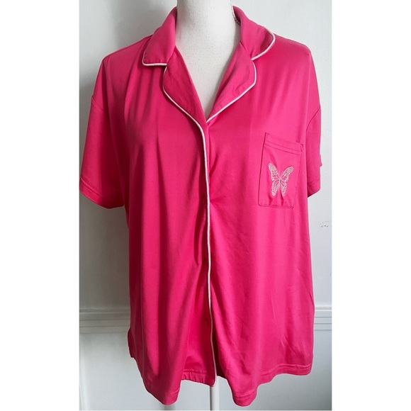 MUK LUKS • Cloud Knit "Just Cruisin" Notch Collar Pajama Top Pink Butterfly - Picture 1 of 6